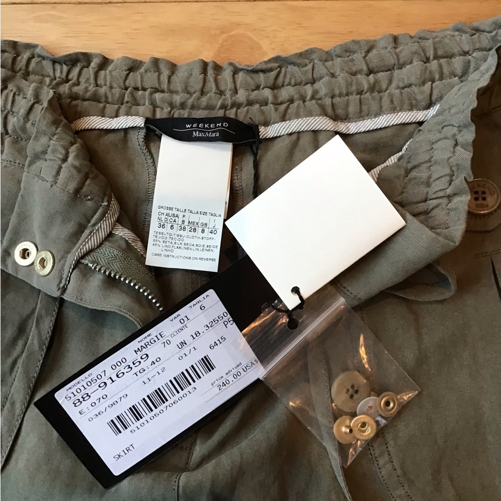 MaxMara Silk Linen Skirt Utility Neutral Pockets Olive Classic - Picture 6 of 9